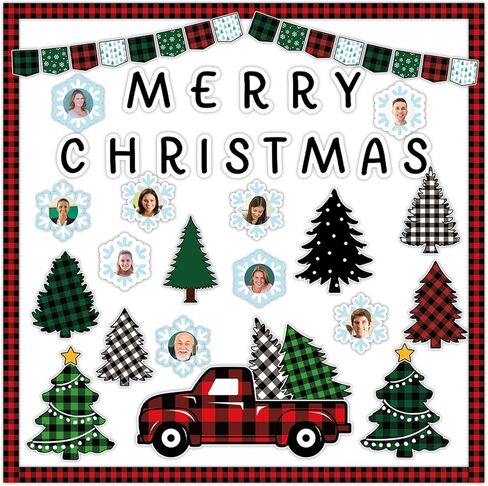 Maitys 72 Pcs Merry Christmas Bulletin Board Decorations Set Christmas Classroom Decorations Tree Red Truck with Snowflake Photo Frame Cutout December Winter Bulletin Board for Holiday School in Saudi Arabia