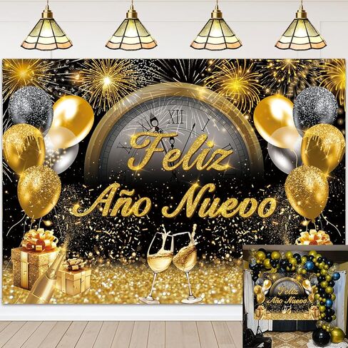 Feliz Año Nuevo Banner Backdrop 7x5FT 2026 Spanish Happy New Year Background Black Gold New Years Party Decorations Supplies Photo Props in Saudi Arabia