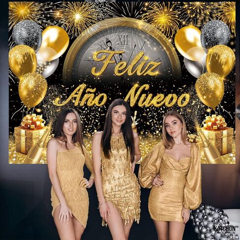 Feliz Año Nuevo Banner Backdrop 7x5FT 2026 Spanish Happy New Year Background Black Gold New Years Party Decorations Supplies Photo Props in Saudi Arabia