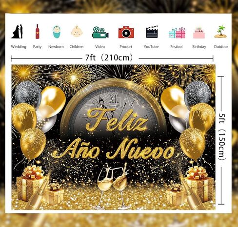 Feliz Año Nuevo Banner Backdrop 7x5FT 2026 Spanish Happy New Year Background Black Gold New Years Party Decorations Supplies Photo Props in Saudi Arabia