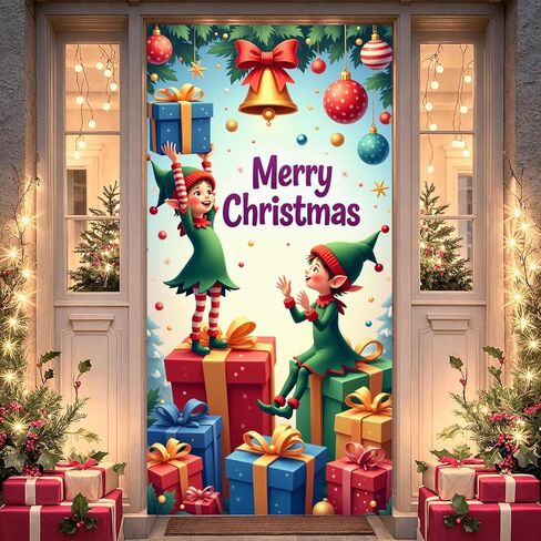 Christmas Door Cover Stockings Hanging Door Banner Happy New Year Front Door Backdrop Xmas Porch Sign Colorful Lights Snow Christmas Decorations for Winter Home Indoor Outdoor Holiday Party Supplies in Saudi Arabia