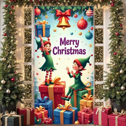 Christmas Door Cover Stockings Hanging Door Banner Happy New Year Front Door Backdrop Xmas Porch Sign Colorful Lights Snow Christmas Decorations for Winter Home Indoor Outdoor Holiday Party Supplies in Saudi Arabia