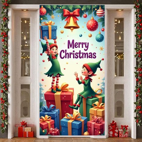 Christmas Door Cover Stockings Hanging Door Banner Happy New Year Front Door Backdrop Xmas Porch Sign Colorful Lights Snow Christmas Decorations for Winter Home Indoor Outdoor Holiday Party Supplies in Saudi Arabia