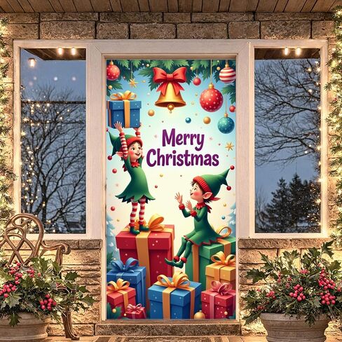 Christmas Door Cover Stockings Hanging Door Banner Happy New Year Front Door Backdrop Xmas Porch Sign Colorful Lights Snow Christmas Decorations for Winter Home Indoor Outdoor Holiday Party Supplies in Saudi Arabia
