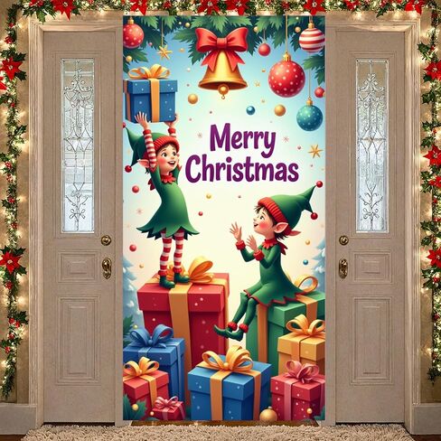 Christmas Door Cover Stockings Hanging Door Banner Happy New Year Front Door Backdrop Xmas Porch Sign Colorful Lights Snow Christmas Decorations for Winter Home Indoor Outdoor Holiday Party Supplies in Saudi Arabia