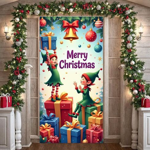 Christmas Door Cover Stockings Hanging Door Banner Happy New Year Front Door Backdrop Xmas Porch Sign Colorful Lights Snow Christmas Decorations for Winter Home Indoor Outdoor Holiday Party Supplies in Saudi Arabia