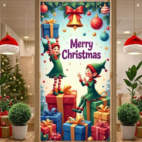 Christmas Door Cover Stockings Hanging Door Banner Happy New Year Front Door Backdrop Xmas Porch Sign Colorful Lights Snow Christmas Decorations for Winter Home Indoor Outdoor Holiday Party Supplies in Saudi Arabia