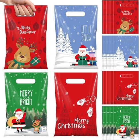Thyle 100 Pcs Christmas Party Favor Bags Christmas Treat Goodie Bags with Handle Xmas Plastic Candy Snack Cookie Gifts Santa Snowflake Elk Gift Bulk for Winter Holiday Xmas Birthday Supplies in Saudi Arabia
