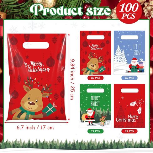 Thyle 100 Pcs Christmas Party Favor Bags Christmas Treat Goodie Bags with Handle Xmas Plastic Candy Snack Cookie Gifts Santa Snowflake Elk Gift Bulk for Winter Holiday Xmas Birthday Supplies in Saudi Arabia