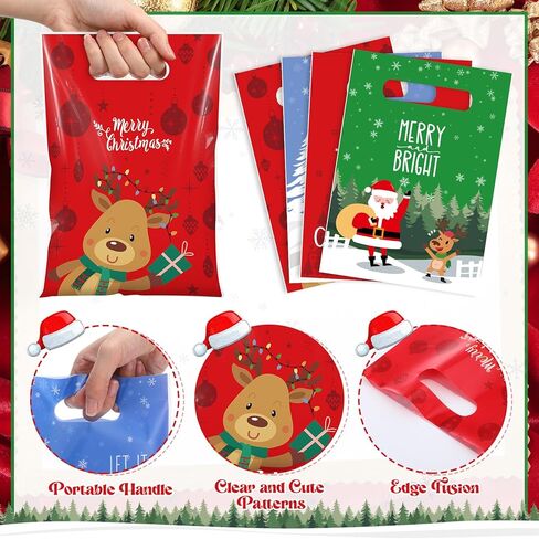Thyle 100 Pcs Christmas Party Favor Bags Christmas Treat Goodie Bags with Handle Xmas Plastic Candy Snack Cookie Gifts Santa Snowflake Elk Gift Bulk for Winter Holiday Xmas Birthday Supplies in Saudi Arabia