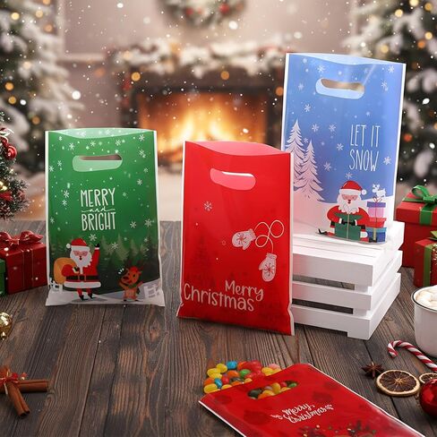 Thyle 100 Pcs Christmas Party Favor Bags Christmas Treat Goodie Bags with Handle Xmas Plastic Candy Snack Cookie Gifts Santa Snowflake Elk Gift Bulk for Winter Holiday Xmas Birthday Supplies in Saudi Arabia