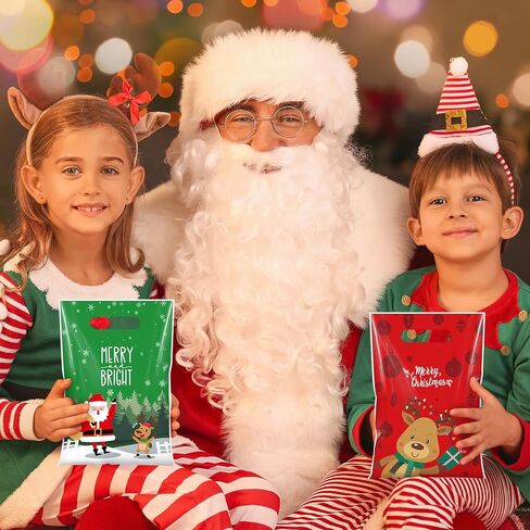 Thyle 100 Pcs Christmas Party Favor Bags Christmas Treat Goodie Bags with Handle Xmas Plastic Candy Snack Cookie Gifts Santa Snowflake Elk Gift Bulk for Winter Holiday Xmas Birthday Supplies in Saudi Arabia