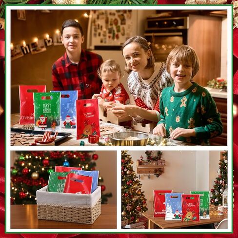 Thyle 100 Pcs Christmas Party Favor Bags Christmas Treat Goodie Bags with Handle Xmas Plastic Candy Snack Cookie Gifts Santa Snowflake Elk Gift Bulk for Winter Holiday Xmas Birthday Supplies in Saudi Arabia