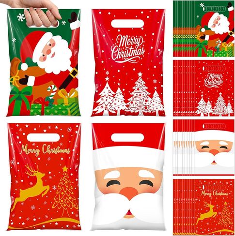 Thyle 100 Pcs Christmas Party Favor Bags Christmas Treat Goodie Bags with Handle Xmas Plastic Candy Snack Cookie Gifts Santa Snowflake Elk Gift Bulk for Winter Holiday Xmas Birthday Supplies in Saudi Arabia