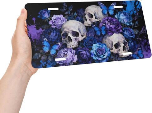 لوحة ترخيص أمامية على شكل جمجمة وردية على شكل فراشة، لوحات ترخيص تزيينية للسيارة، ملحقات ديكور معدنية من الألومنيوم، غطاء علامة زينة جديدة مع 4 فتحات للرجال والنساء، مقاس 6 بوصات × 12 بوصة in Kuwait