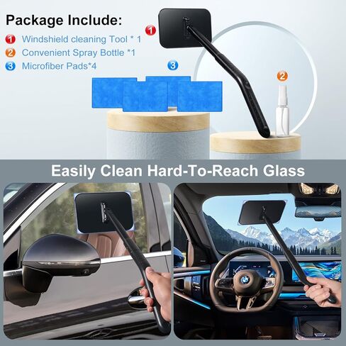 Windshield Cleaner Tool, Windshield Cleaning Wand Auto Window Cleaner Kit with Detachable Handle, 4 Microfiber Velcro Stick Pads and 1 Spray Bottle, Glass Wiper Kit for Windshield,Trucks,SUVs,RVs,Home in Saudi Arabia