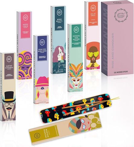 Raajsee Natural Incense Sticks with Insence Holder- Pack of 6 Organic Inscent -120 Insense Sticks, Non Toxic Clean Burning, Boho Gift Set, Sage,Apple Pumpkin,Coconut, Coffee,Rosemary Patchouli in Saudi Arabia