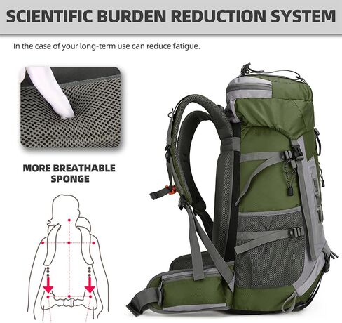 King'sGuard 60L Hiking Backpack Men Women Camping Backpack Waterproof Backpacking Mountaineering Climbing Daypack with Rain Cover (Army Green) in Kuwait