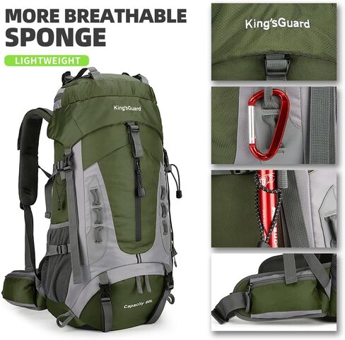 King'sGuard 60L Hiking Backpack Men Women Camping Backpack Waterproof Backpacking Mountaineering Climbing Daypack with Rain Cover (Army Green) in Kuwait