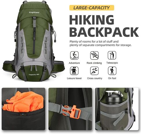 King'sGuard 60L Hiking Backpack Men Women Camping Backpack Waterproof Backpacking Mountaineering Climbing Daypack with Rain Cover (Army Green) in Kuwait