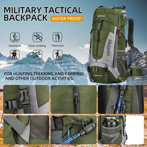 King'sGuard 60L Hiking Backpack Men Women Camping Backpack Waterproof Backpacking Mountaineering Climbing Daypack with Rain Cover (Army Green) in Kuwait