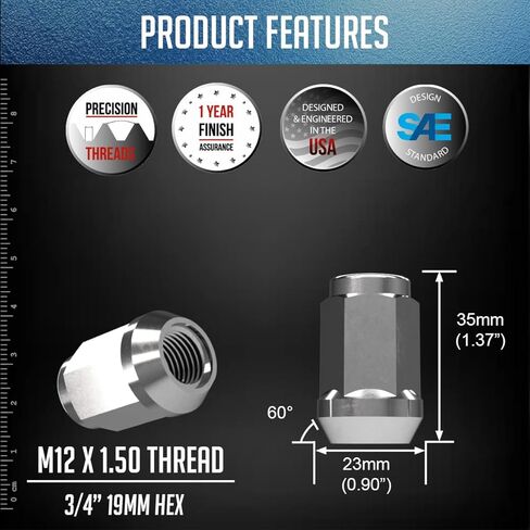 Wheel Accessories Parts Set of 20 Black 12x1.5 Lug Nuts Closed End Bulge Acorn Lug Nut Style 1.38" Long Cone Seat 19mm (3/4") Hex Wheel Lug Nut (M12x1.5, Black) in Kuwait