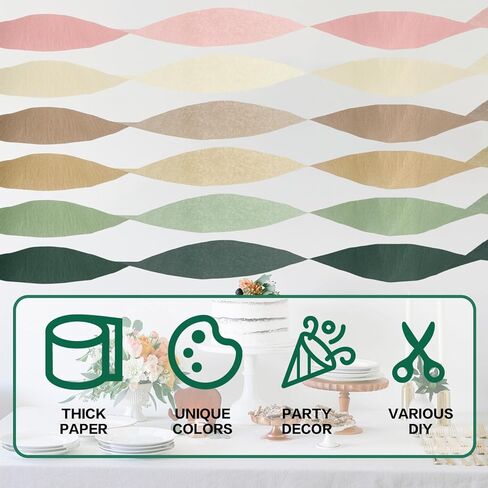 Crepe Paper Streamers Party Decorations - 6 Rolls Pink Green Gold Streamers, Crepe Paper Rolls for Birthday, Wedding and Party (1.8 Inch x 82 Ft/Roll) in Saudi Arabia