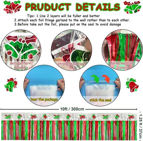 4 عبوات بطول 39 قدمًا من رقائق معدنية تطفو على موكب عيد الميلاد، كل منها بطول 10 أقدام × 15 بوصة أحمر وأخضر وفضي وأجراس بهرج ولافتات وتنانير طاولة على شكل إكليل لحفلات العودة للوطن بمقطورة عيد الميلاد (أجراس 4 عبوات) in Kuwait