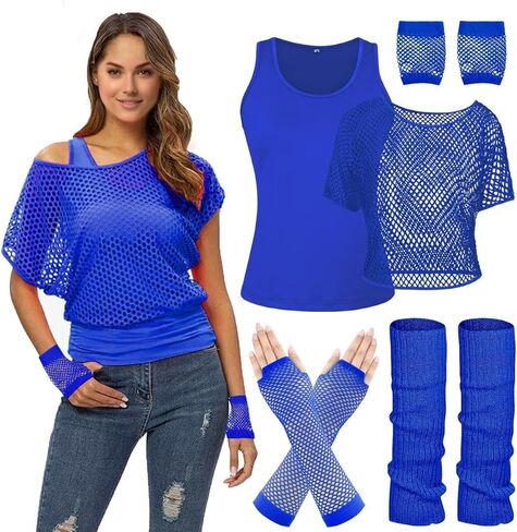 WILDPARTY Women Casual Sexy 80s Costumes Fishnet Neon Off Shoulder T-Shirt Two Pieces, Fishnet Gloves, Legwarmers 80s Outfits for Women 80s Costume Accessories for 80s Party (Orange-XXXL) in Kuwait