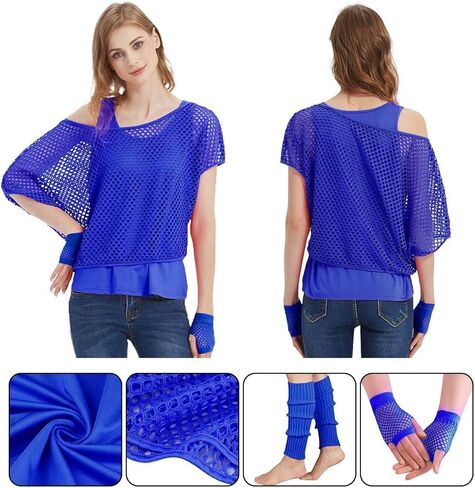 WILDPARTY Women Casual Sexy 80s Costumes Fishnet Neon Off Shoulder T-Shirt Two Pieces, Fishnet Gloves, Legwarmers 80s Outfits for Women 80s Costume Accessories for 80s Party (Orange-XXXL) in Kuwait