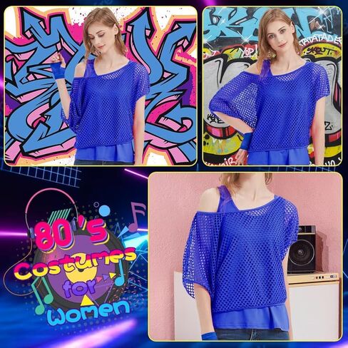 WILDPARTY Women Casual Sexy 80s Costumes Fishnet Neon Off Shoulder T-Shirt Two Pieces, Fishnet Gloves, Legwarmers 80s Outfits for Women 80s Costume Accessories for 80s Party (Orange-XXXL) in Kuwait