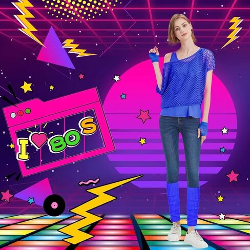 WILDPARTY Women Casual Sexy 80s Costumes Fishnet Neon Off Shoulder T-Shirt Two Pieces, Fishnet Gloves, Legwarmers 80s Outfits for Women 80s Costume Accessories for 80s Party (Orange-XXXL) in Kuwait