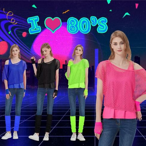 WILDPARTY Women Casual Sexy 80s Costumes Fishnet Neon Off Shoulder T-Shirt Two Pieces, Fishnet Gloves, Legwarmers 80s Outfits for Women 80s Costume Accessories for 80s Party (Orange-XXXL) in Kuwait