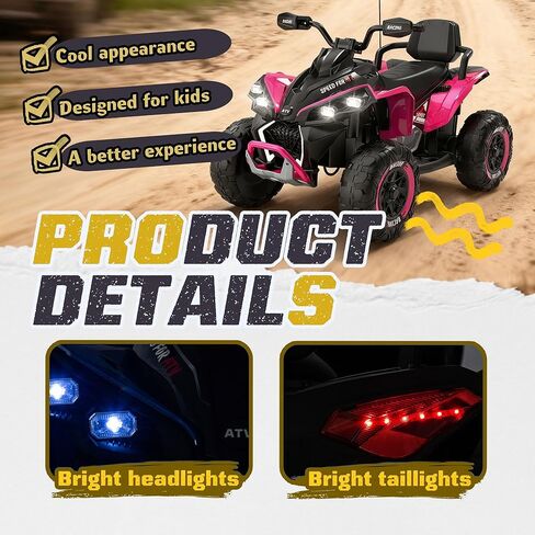 24V Kids Ride On Electric XXXL ATV w/Remote Control, Four-Wheel Shock Absorber, High Chassis, Music,Lights,USB,MP3,Power Display,Bluetooth,speeds of 1.24-3.73MPH for Kids Aged 3-12, Pink in Saudi Arabia