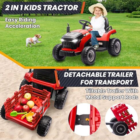 24V 7Ah Ride On Tractor w/Tiltable & Detachable Trailer, MOEYURO Kids Electric Vehicles Tractor w/400W Motors, Adjustable Seat, Remote Control, Bluetooth, Music, Power Tractor Wheels for Kids, Green in Saudi Arabia