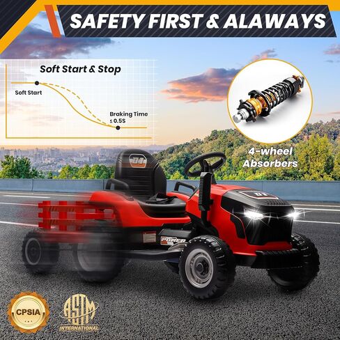 24V 7Ah Ride On Tractor w/Tiltable & Detachable Trailer, MOEYURO Kids Electric Vehicles Tractor w/400W Motors, Adjustable Seat, Remote Control, Bluetooth, Music, Power Tractor Wheels for Kids, Green in Saudi Arabia