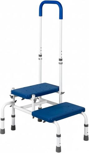 AdjustaStep(tm) Deluxe Step Stool/Footstool with Handle/Handrail, Height Adjustable. 2 Products in 1. Modern White/Blue Design. Padded Non-Slip Handle. 300 lb. Capacity in Kuwait