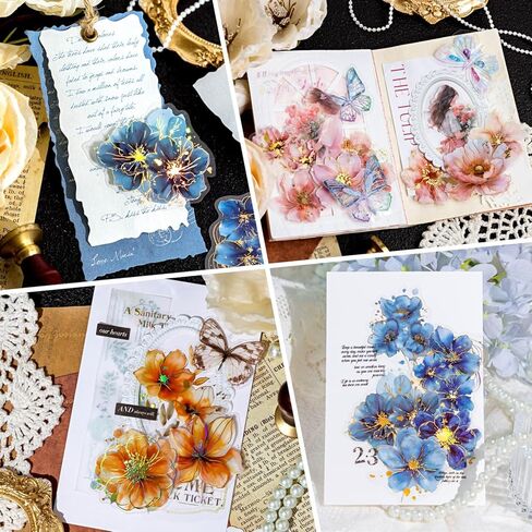 120pcs Watercolor Flower Gold Foiled Stickers Set - 6 Packs Holographic Glitter Floral Sticker Aesthetic Decal for Scrapbooking Junk Journal Planners Card Making Art Craft Project Phone Laptop Adult in Saudi Arabia