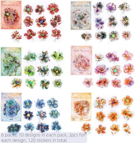 120pcs Watercolor Flower Gold Foiled Stickers Set - 6 Packs Holographic Glitter Floral Sticker Aesthetic Decal for Scrapbooking Junk Journal Planners Card Making Art Craft Project Phone Laptop Adult in Saudi Arabia