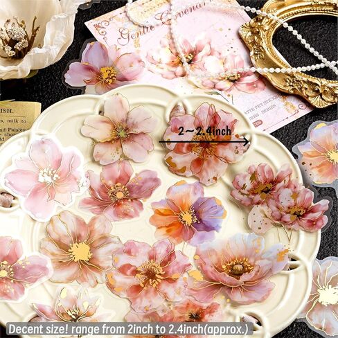 120pcs Watercolor Flower Gold Foiled Stickers Set - 6 Packs Holographic Glitter Floral Sticker Aesthetic Decal for Scrapbooking Junk Journal Planners Card Making Art Craft Project Phone Laptop Adult in Saudi Arabia