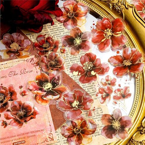 120pcs Watercolor Flower Gold Foiled Stickers Set - 6 Packs Holographic Glitter Floral Sticker Aesthetic Decal for Scrapbooking Junk Journal Planners Card Making Art Craft Project Phone Laptop Adult in Saudi Arabia