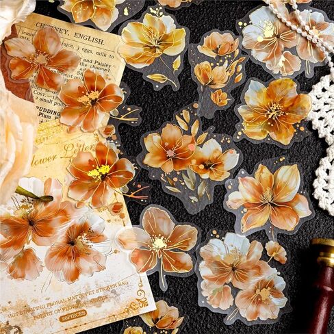120pcs Watercolor Flower Gold Foiled Stickers Set - 6 Packs Holographic Glitter Floral Sticker Aesthetic Decal for Scrapbooking Junk Journal Planners Card Making Art Craft Project Phone Laptop Adult in Saudi Arabia