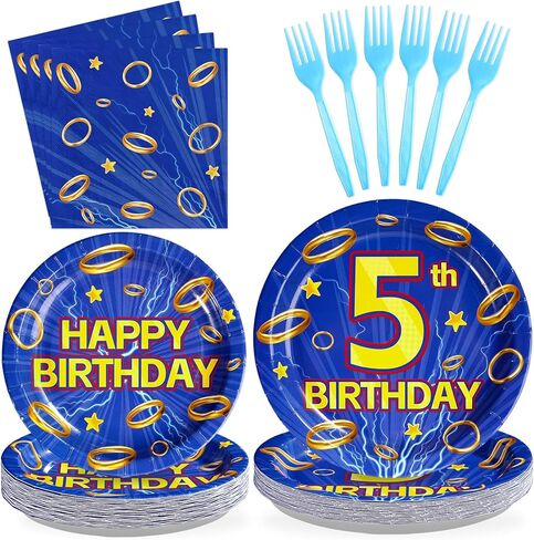 96Pcs Blue Hedgehog Birthday Decorations for Boys Cartoon Theme Hedgehog 5th Birthday Plates and Napkins Blue with Gold Ring five Years Old Decoration for Kids 5 Year Old Party Supplies Serves 24 in Saudi Arabia
