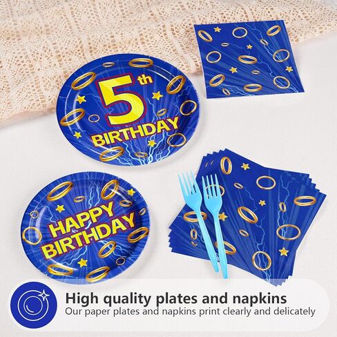 96Pcs Blue Hedgehog Birthday Decorations for Boys Cartoon Theme Hedgehog 5th Birthday Plates and Napkins Blue with Gold Ring five Years Old Decoration for Kids 5 Year Old Party Supplies Serves 24 in Saudi Arabia
