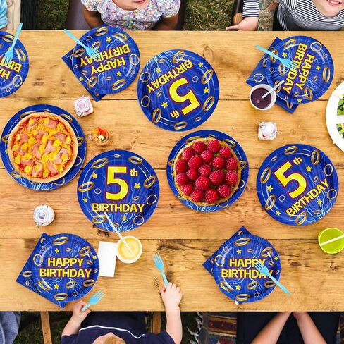 96Pcs Blue Hedgehog Birthday Decorations for Boys Cartoon Theme Hedgehog 5th Birthday Plates and Napkins Blue with Gold Ring five Years Old Decoration for Kids 5 Year Old Party Supplies Serves 24 in Saudi Arabia