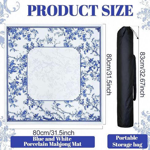 Blue and White Porcelain Printed Mahjong Mat with Black Carrying Bag, Anti-Slip, Noise-Reducing, 31.5"x31.5" Mahjong Table Mat for Mah-jongg, Poker, Board Games, Dominoes, and Card in Saudi Arabia