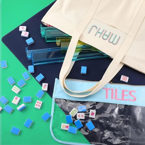 3 Pcs Empty Mahjong Bag Set for American Mahjong Tiles Bag with Zipper Embroidered Canvas PVC Nylon Pouch Anti-slip Board Game Table Mat for Women Lover Gift Accessory(Blue) in Saudi Arabia