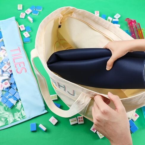3 Pcs Empty Mahjong Bag Set for American Mahjong Tiles Bag with Zipper Embroidered Canvas PVC Nylon Pouch Anti-slip Board Game Table Mat for Women Lover Gift Accessory(Blue) in Saudi Arabia