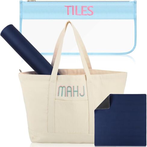 3 Pcs Empty Mahjong Bag Set for American Mahjong Tiles Bag with Zipper Embroidered Canvas PVC Nylon Pouch Anti-slip Board Game Table Mat for Women Lover Gift Accessory(Blue) in Saudi Arabia