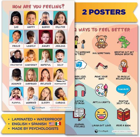2 Laminated Feelings Posters for Kids - English & Spanish - Calm Down Corner Supplies - Therapy & School Counselor Supplies - Emotions Posters for Home and Calming Corner Classroom in Kuwait